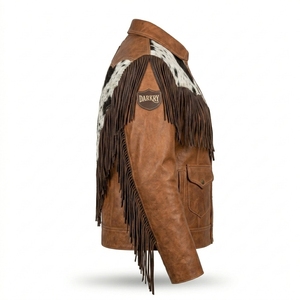 Womens Western <b>Fringe</b> Leather <b>Jacket</b> Real Cowhide Hair On Hide Vintage Brown Distressed Country Cowgirl Outerwear Coat - Product Image 3