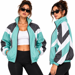 Chaqueta cortavientos color verde azulado para mujer, estilo retro, con cremallera, ligera, informal, para correr, venta al por mayor. - Product Image 1