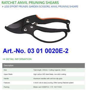 Ratchet Anvil Pruning <b>Shear</b> 205mmL 4 short cuts to easy pruning - Product Image 2
