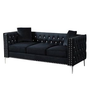 82.3\" Modern Velvet Tufted Square Arm Couch Black Living Room Sofa with Jeweled Buttons and 2 Included Pillows - Product Image 2