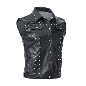 Gilet en cuir pour homme, style motard, col montant, avec rivets, couleur unie, longueur standard, vêtement d'extérieur d'automne, professionnel - Product Image 2