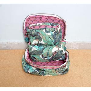 Elegant Handcrafted 3pc Quilted Vanity Pouch Set Organic Cotton Floral Motifs Water-Resistant Lining Multipurpose Storage Bags - Product Image 4