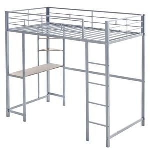 Twin Size Metal Loft Bed Frame for Teens & Juniors 2 Ladders Guardrails & Built-in Desk Storage Shelves with Adu Loft Bed - Product Image 1