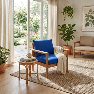 Sillón de Madera de Teca Sólida con Cojín Azul Rey, Hecho a Mano, para Sala de Estar, Silla Individual Moderna para Patio o Terraza - Product Image 4