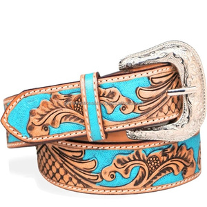 Cinturón de herramientas de cuero occidental personalizado al por mayor para cinturón de cuero con relieve floral turquesa tallado a mano unisex - Product Image 4