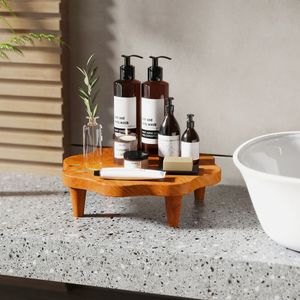 Espositore a piedistallo in legno di teak da 16 pollici per aromi da bagno e snack - Product Image 1