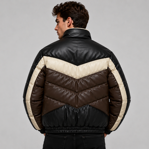 Blouson matelassé en cuir PU pour homme, coupe-vent, style motard, col montant, color block, épais, coupe classique, hiver - Product Image 1
