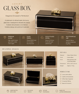 <b>Black</b> Glass Jewelry Storage Box with Gold Plated Natural Stone Knob Glossy Finish Decorative Keepsake and Vanity Organizer - Product Image 2