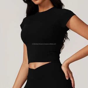 Women's Square Neck Printed Front Crop <b>Top</b> Solid Color Breathable Spandex Polyester Yoga Activewear <b>Short</b> Sleeve 2-Piece <b>Set</b> - Product Image 6