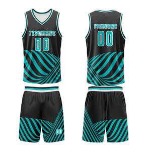 Custom Sublimated Basketball Uniform Set Black Teal Geometric Design V-<b>Neck</b> Sleeveless Mesh Breathable Unisex Adult Apparel - Product Image 1