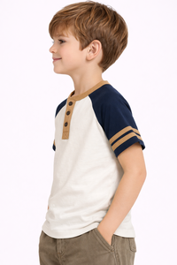 Boys Classic Contrast Raglan Henley T-<b>Shirt</b> – Soft Cotton <b>Half</b> Sleeve Kids Casual Tee with <b>Button</b> Placket and Striped Sleeve - Product Image 3