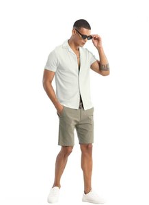 Mens Corduroy Camp Collar <b>Shirt</b> With Short Sleeves Solid Texture <b>Button</b> Front Regular Cut Travel Resort Casual Summer Outfit - Product Image 3
