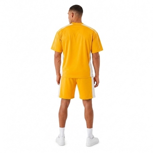 <b>Men's</b> Yellow Color Blocking Knitted T-<b>Shirt</b> Set Crew Neck Shorts Casual Summer Wear Breathable Design - Product Image 2