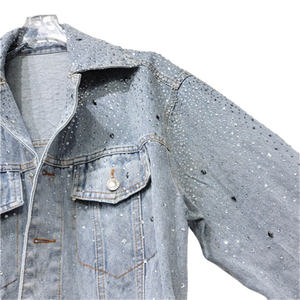 Solid Color Long Sleeve Pocket Diamond <b>Crop</b> <b>Jacket</b> Women Washed Fashion Rhinestone Ladies <b>Denim</b> <b>Jacket</b> Streetwear Outerwear - Product Image 3