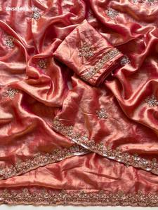 Ocassional wear Space Silk with Gold <b>Beads</b> & Cutdana Hand work Butta & Border Saree-Matching work Blouse Set Indian Exporter - Product Image 6