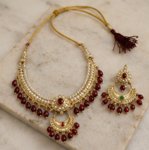 Gold Plated Ethnic Necklace and Earring <b>Set</b> with Red Tassel and <b>Crystal</b> Rhinestone for Women Wedding Festival Wear - Product Image 3