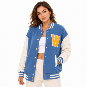 Chaqueta Universitaria Azul Marino y Blanca para Mujer, Manga Larga, Logotipo con Letra P, Cuello Camisero, Largo Regular, Estilo Otoñal - Product Image 2