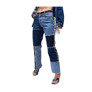 High Waisted Straight Leg <b>Stretch</b> Patchwork Color Block <b>Jeans</b> for <b>Women</b> Available in Best Selling Prices - Product Image 4