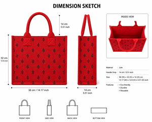 Sac fourre-tout moyen en jute rouge laminé à motif feuilles, écologique, réutilisable, durable, pour usage quotidien, vente en gros, plage, courses, exposition - Product Image 2