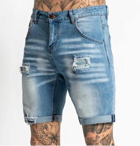 Shorts Bermuda en jean déchiré bleu pour homme, taille mi-haute, fermeture boutonnée, style décontracté, tissu 100 % coton tissé - Product Image 1