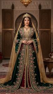 Robe caftan de mariage traditionnelle vert foncé sur fond doré, brodée, longueur ras du sol, coupe classique pour femme, en crêpe banane, style ethnique élégant - Product Image 2