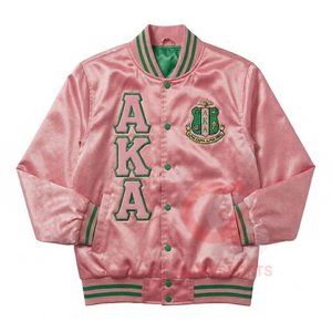 Blouson universitaire rose-vert en satin, style bomber, pour femme, brodé, vêtement grec universitaire, style universitaire, pour sororité - Product Image 1