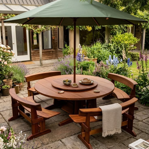 Ensemble de salle à manger d'extérieur en teck rustique de luxe avec table Lazy Susan et parasol - Product Image 1