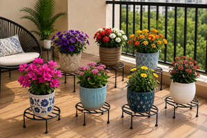 Support de plantes rond surélevé en fer avec plateforme grillagée ouverte – Support minimaliste en métal pour pots de fleurs, idéal pour plantes d'intérieur, balcon et terrasse - Product Image 4