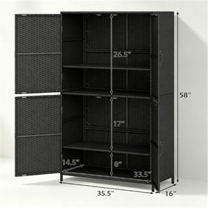 Armadio da Esterno in Rattan PE con Ripiani Regolabili, Casetta Porta Attrezzi Anti-Ribaltamento per Giardino, Patio, Cortile, Bordo Piscina - Nero - Product Image 3