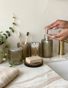Three-piece Ribbed Glass Ceramic Eco-Friendly Bathroom Accessories <b>Set</b> <b>Soap</b> Dispenser Toothbrush Holder <b>Soap</b> Dish Cotton Jar - Product Image 2