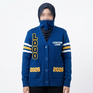 Custom OEM ODM Women Knitted Sorority Varsity <b>Cardigan</b> <b>Sweater</b> Anti-Wrinkle Royal Blue White Gold Striped Sleeves Button - Product Image 5