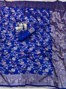 Sari en soie Banarasi bleu, brodé de fleurs, tenue ethnique traditionnelle indienne, séchage rapide, pour mariage et fêtes, pour femmes - Product Image 6
