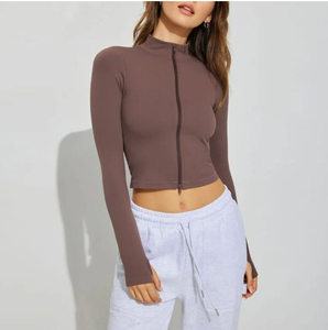 Top Corto Blanco de Manga Larga con Cremallera, Cuello Alto, Color Sólido, Transpirable, para Yoga, Cintura Alta, Rosa, Manga Larga - Product Image 3