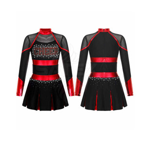 Uniforme de cheerleading pour adultes à manches longues noir et rouge avec strass, tissu en spandex/polyester de 160 g, ensemble deux pièces haut et jupe - Product Image 1