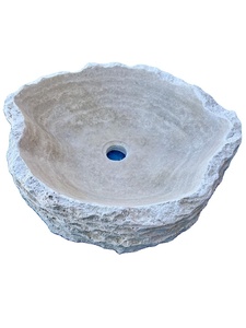 Évier en pierre de travertin rond sculpté à la main, lavabo rustique en pierre beige, vasque de salle de bain, bol de salle de bain, style ferme, hôtel, sanitaire - Product Image 4