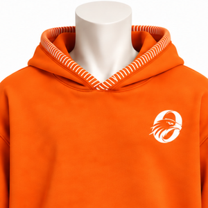 <b>Orange</b> Stitched Border Distressed Pullover <b>Hoodie</b> Oversized Streetwear Sweatshirt Contrast Stitch Kangaroo Pocket Casual Wear - Product Image 3