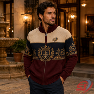Veste en tricot intarsia de luxe sur mesure, cardigan côtelé à fermeture éclair intégrale, pull jacquard, design personnalisé, OEM, marque privée - Product Image 6
