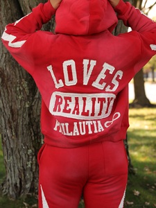 Conjunto Deportivo Rojo con Capucha para Mujer, Cierre Completo, Talla Grande, Pantalones Deportivos Casuales de Algodón con Estampado de Letras y Bolsillos Delanteros, Ropa de Otoño 2026 - Product Image 2
