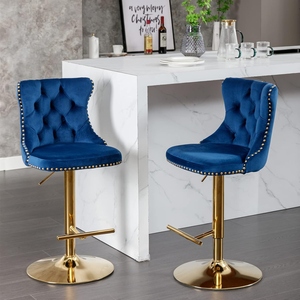Modern <b>Adjustable</b> Bar <b>Stool</b> Blue Velvet Tufted Seat Gold Metal Legs Base Swivel <b>Height</b> <b>Adjustable</b> Luxury Contemporary Commercial - Product Image 4