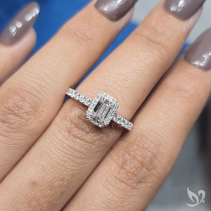 0.5 Carat Emerald Cut Halo <b>Diamond</b> <b>Ring</b> Lab Grown Stone Pave Band White Gold Engagement <b>Ring</b> - Product Image 4
