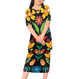 Robe deux pièces à motif floral mexicain, costume tribal polynésien, streetwear mexicain, robes traditionnelles personnalisées en gros - Product Image 2