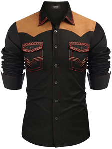 Camisa occidental negra para hombre con puños de gamuza marrón y bolsillos bordados en rojo, manga larga, estilo casual, estilo otoñal - Product Image 1