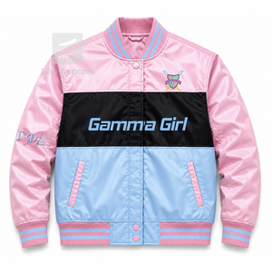Custom Gamma Phi Delta Sorority Racing jacket embroidered logo light blue and pink Racing Style for female with polyester lining - Product Image 1