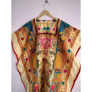 Caftán Kimono Bordado Phulkari para Mujer, Vestido Holgado de Seda Chanderi Estilo Boho, Traje de Baño para Mujer - Product Image 4
