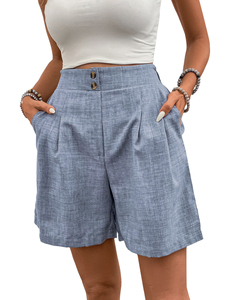 Shorts en lin beige taille haute plissés à l'avant avec fermeture boutonnée, style décontracté d'été pour homme, légers et respirants - Product Image 5