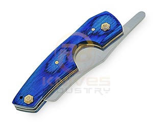 Navaja Plegable de Acero de Damasco Personalizada con Mango de Madera Azul, Cuchillo Premium para Camping y Uso General con Funda de Cuero OEM ODM - Product Image 6