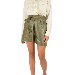 Olive Green High Waist PU <b>Leather</b> Breathable Paperbag Shorts with Ruffles Zipper Fly Tie <b>Belt</b> Pockets Smart Casual Short Pants - Product Image 2