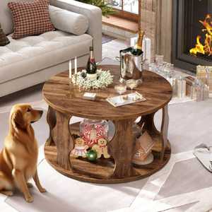 Modern <b>Walnut</b> Coffee <b>Table</b> with Storage Shelf | Rectangular Wood Center <b>Table</b> for Living Room | 2-Tier Sofa <b>Table</b> - Product Image 2