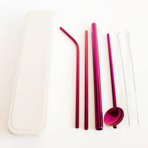 Reusable Metal <b>Drinking</b> <b>Straws</b> Set with Spoon and Cleaner 5 Pack Pink Modern Cocktail Bar Accessories - Product Image 1