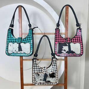 Sac à main en cuir de vachette artisanal occidental personnalisé, turquoise et noir à carreaux, sac à bandoulière pour femme, sac fourre-tout tendance avec pompon - Product Image 4